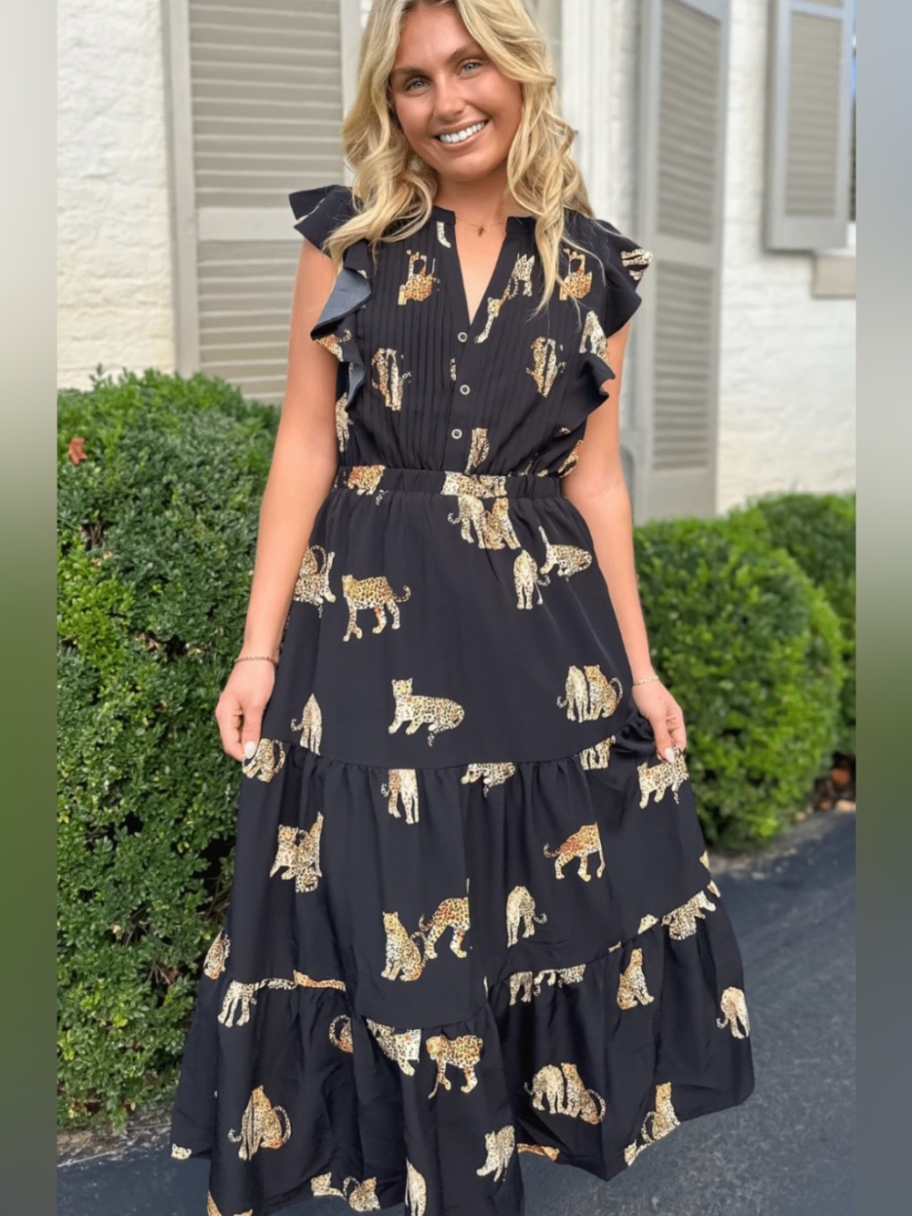 THML Black Maxi Dress with Gold Leopard Print